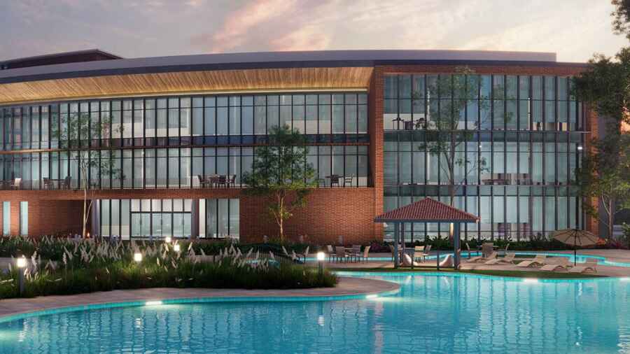 Pool and building at twilight