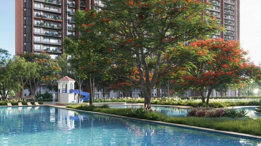 Pool, play area and greenery